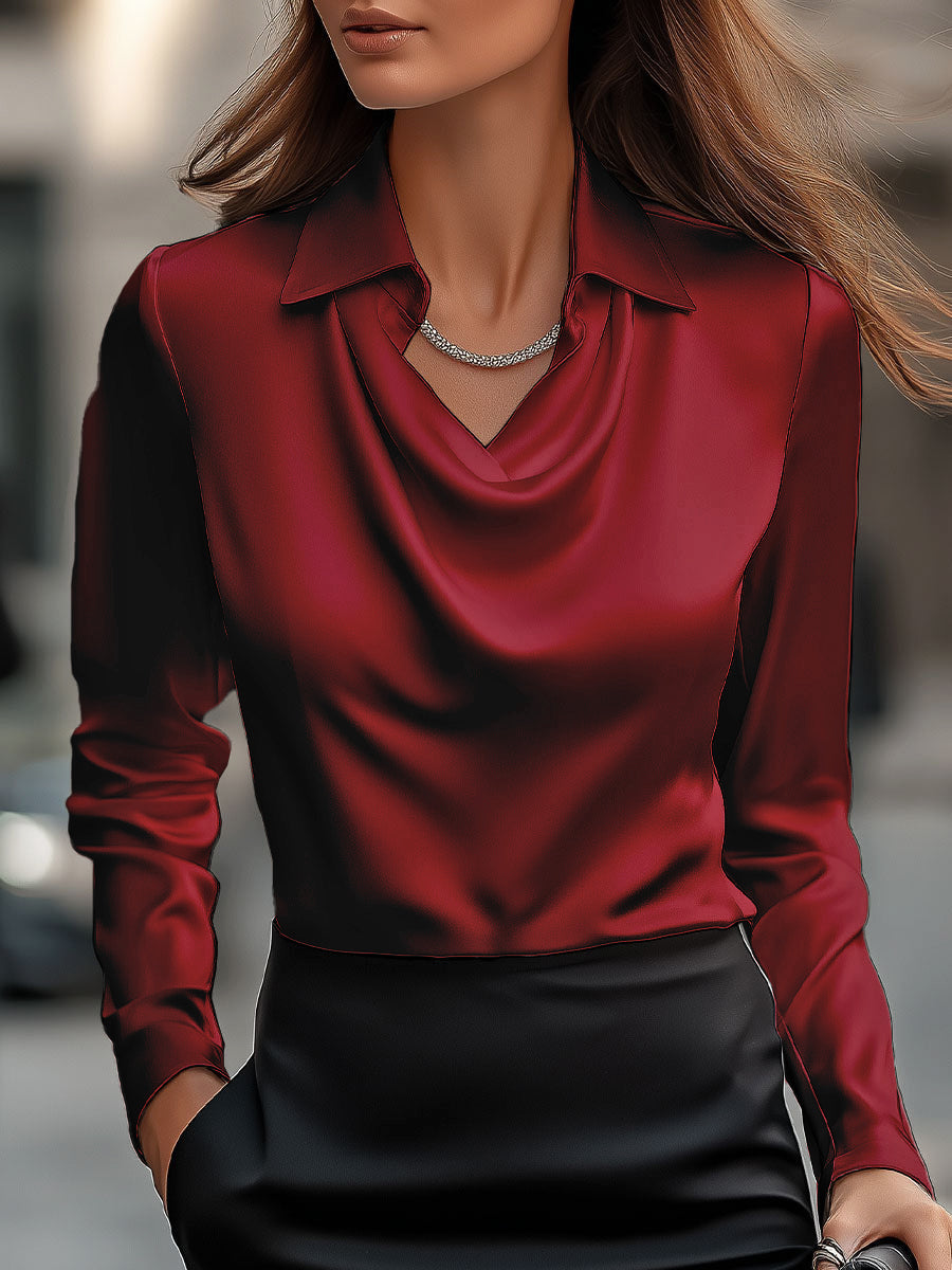 Elegant Satin Blouse with Draped Neckline